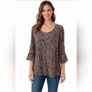 Apt 9 animal print tunic top blouse size L belle sleeves brown black  *
